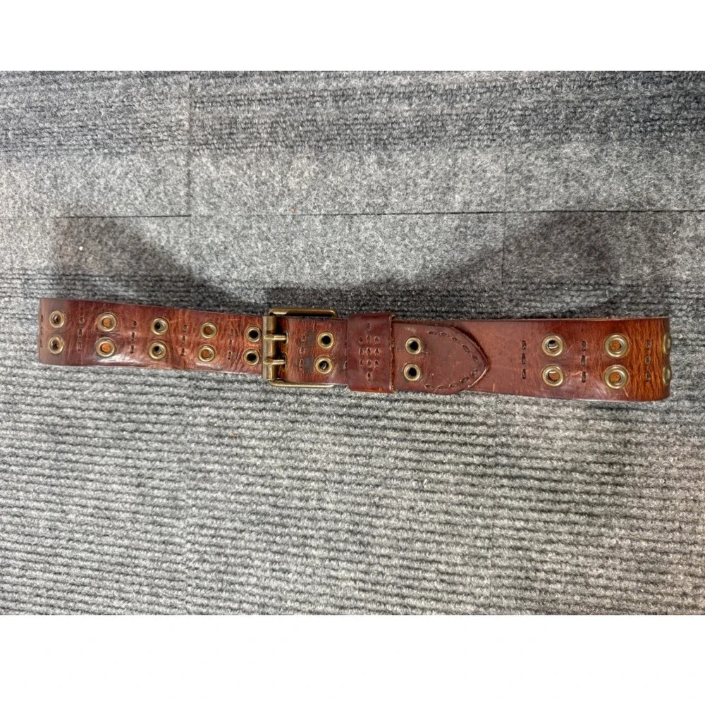 Vintage Distressed Brown Leather Grommet Belt Triple Prong Brass Buckle 40 Inch
